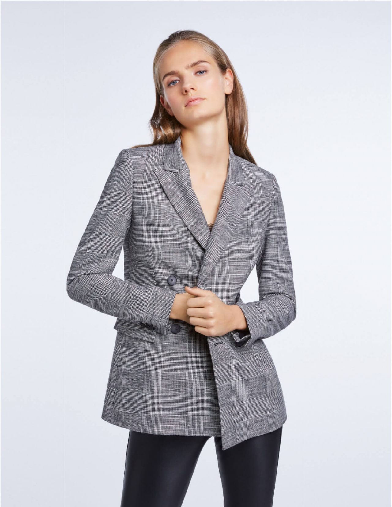 Set Fashion Double-breastred Blazer In Grey Check at Storm Fashion